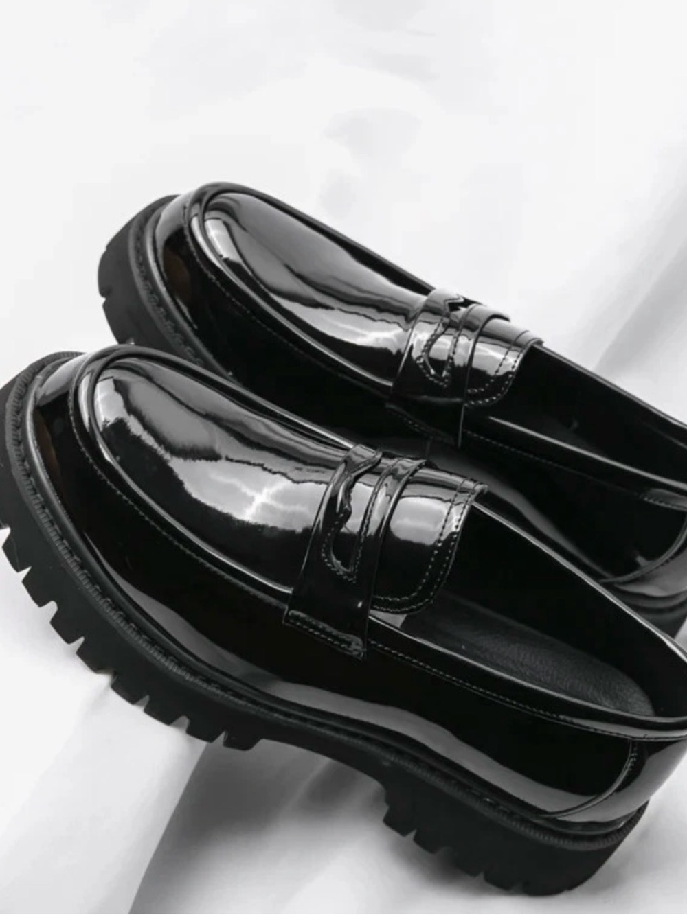 Patent Leather Lug Sole Penny Loafers - Black